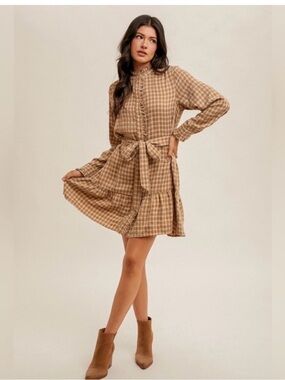 Vero Moda Olive Checkered Long Sleeve Dress